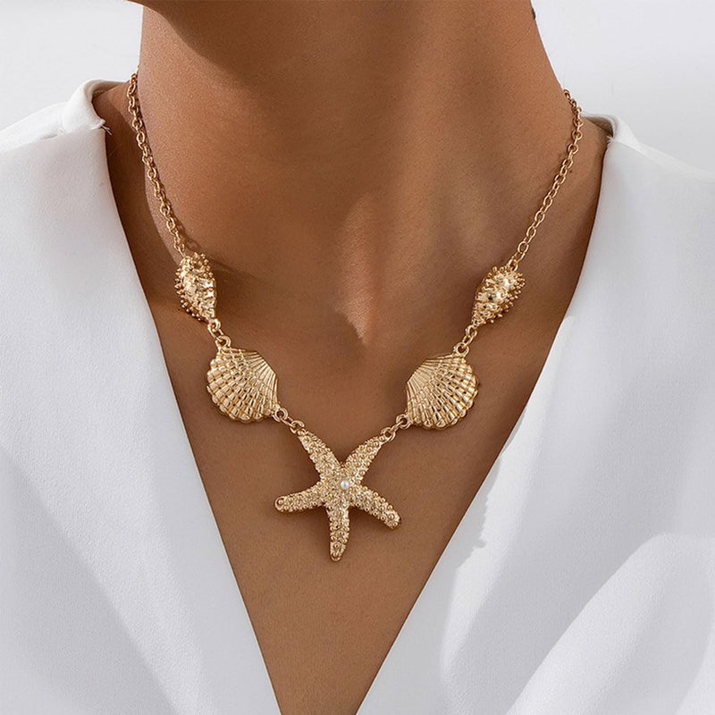 MIFYNN Gold Shell Starfish Necklace for Women Pearl Shell Necklace Layered Beaded Starfish Necklaces Summer Beach Surf Jewelry Gifts for Women - Image 2
